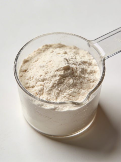 Tasse doseuse transparente remplie de farine, vue dessus