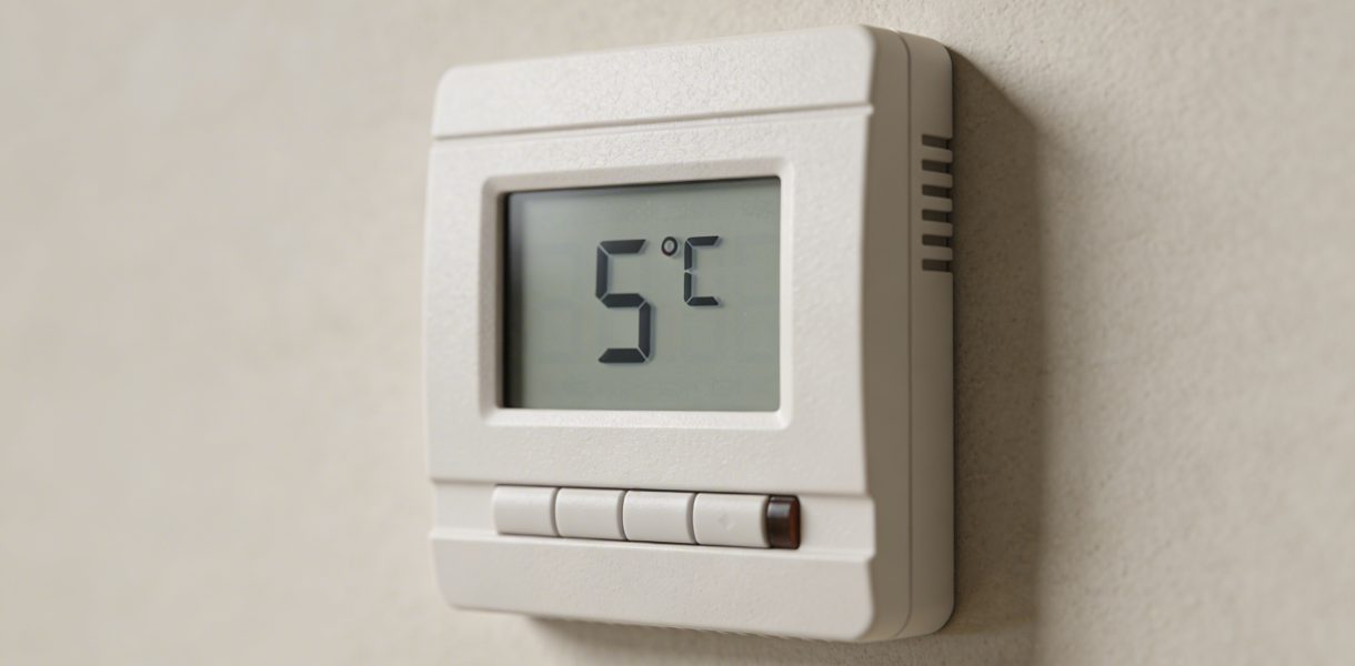 Gros plan sur thermostat mural affichant 5 degres
