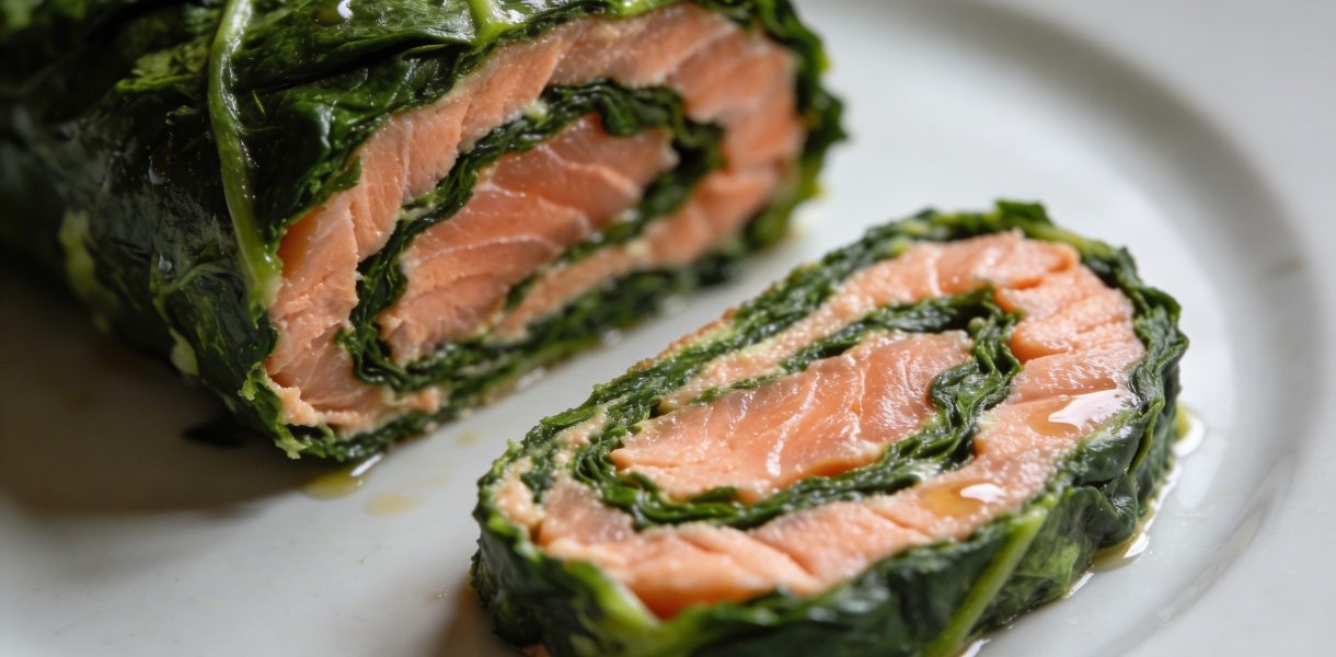 Tranche de roulade epinard saumon sur assiette