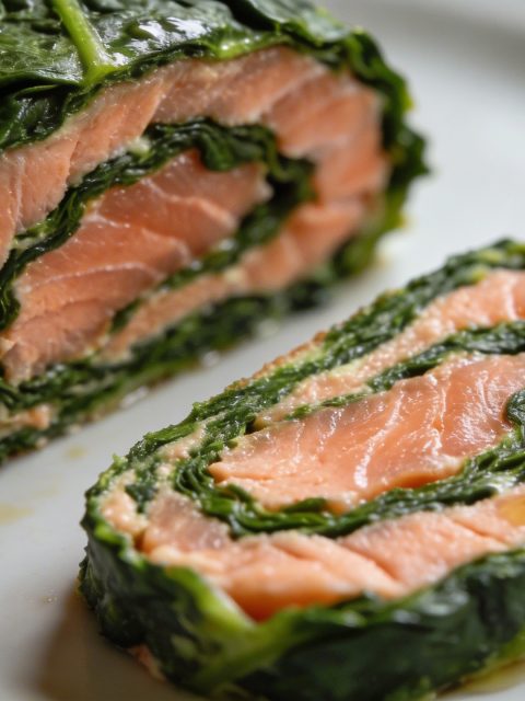 Tranche de roulade epinard saumon sur assiette