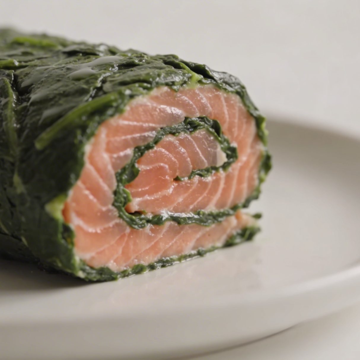 Tranche de roulade epinards saumon sur assiette blanche