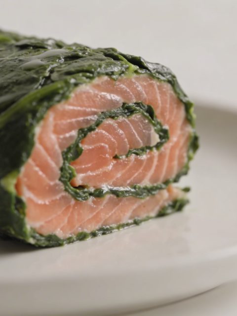 Tranche de roulade epinards saumon sur assiette blanche