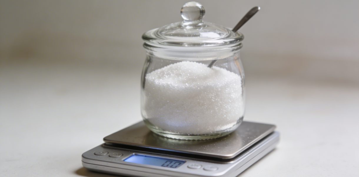 Verre doseur rempli de sucre blanc sur balance
