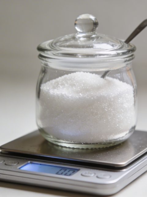 Verre doseur rempli de sucre blanc sur balance