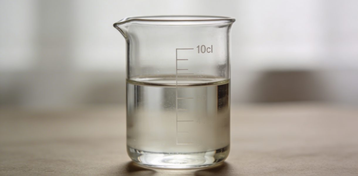 Verre doseur transparent rempli a 10 cl sur table