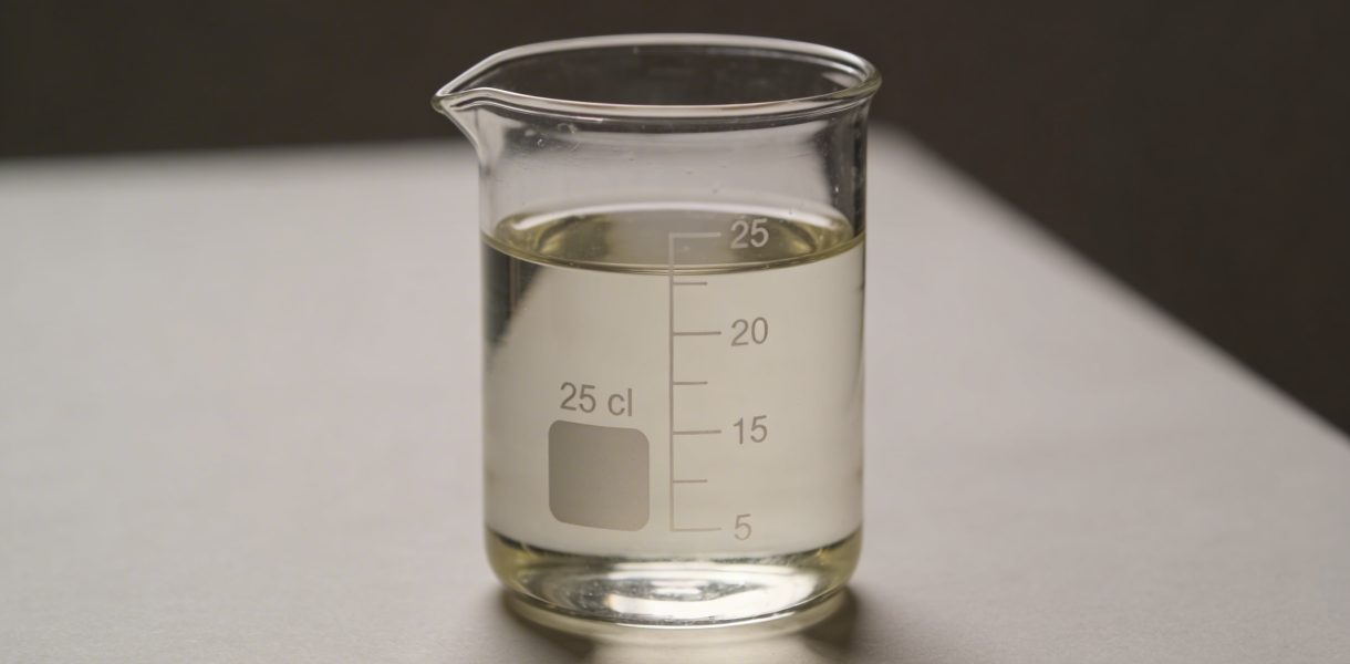 Verre doseur transparent rempli a 25 cl sur table
