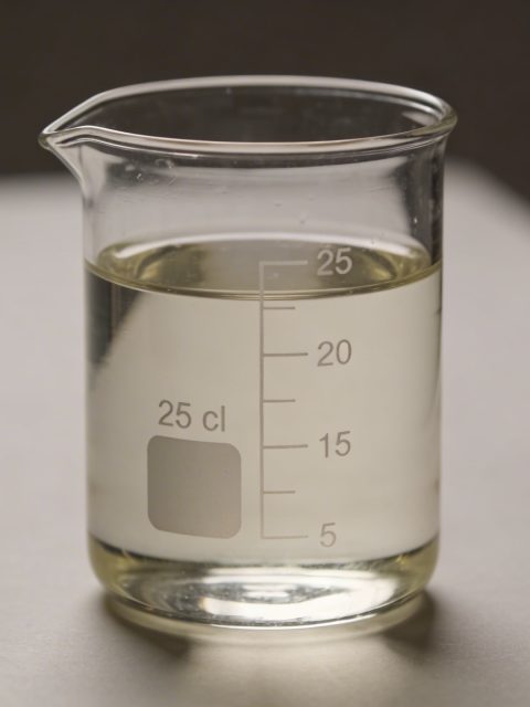 Verre doseur transparent rempli a 25 cl sur table